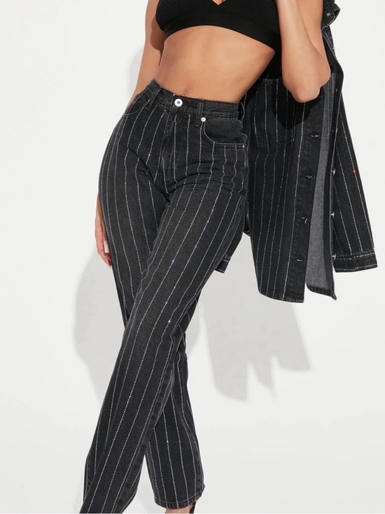 Fashion Nova Denim - Brand new with tags Fashion Nova straight leg jeans with rhinestone pinstripe